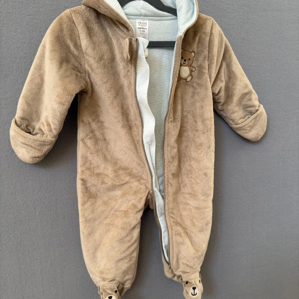 Carter's Baby Hooded Bunting Snow Suit Plush Pram Zip Soft Light Brown 6-9Months